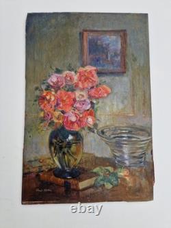 Huile sur panneau bois nature morte bouquet de fleurs scène intérieur signé
