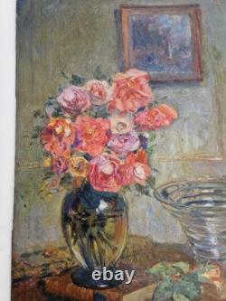 Huile sur panneau bois nature morte bouquet de fleurs scène intérieur signé