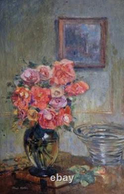 Huile sur panneau bois nature morte bouquet de fleurs scène intérieur signé