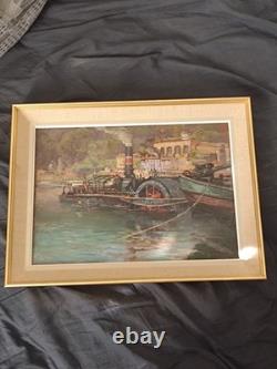 Huile sur panneau bois scène fluviale école Lyon Charles Lacour quai Rambaud