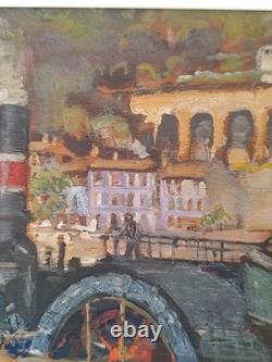 Huile sur panneau bois scène fluviale école Lyon Charles Lacour quai Rambaud