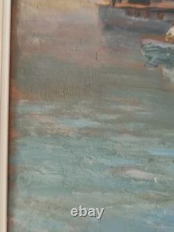 Huile sur panneau bois scène fluviale école Lyon Charles Lacour quai Rambaud