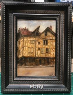 Huile sur panneau de H Boirin vers 1930 Troyes Maisons à pans de bois 27X19 cm