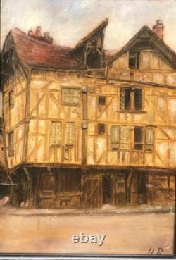 Huile sur panneau de H Boirin vers 1930 Troyes Maisons à pans de bois 27X19 cm