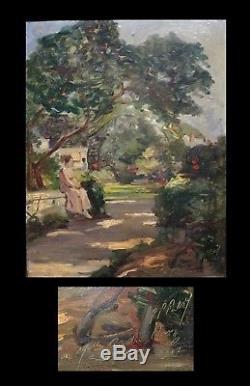 Huile sur panneau de bois, signée Femme assise dans un jardin. 1917