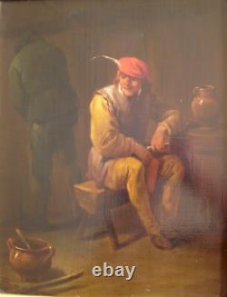 Huile sur panneau encadrée école flamande du XIXème scène de taverne