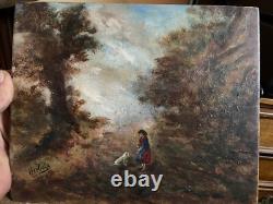 Huile sur panneau scene animés sous bois clair obscur signé Herbold