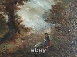 Huile sur panneau scene animés sous bois clair obscur signé Herbold