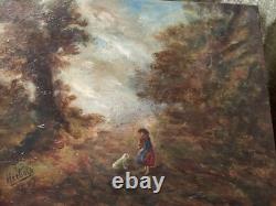 Huile sur panneau scene animés sous bois clair obscur signé Herbold