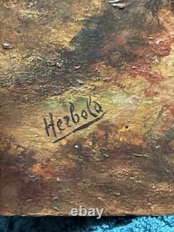 Huile sur panneau scene animés sous bois clair obscur signé Herbold