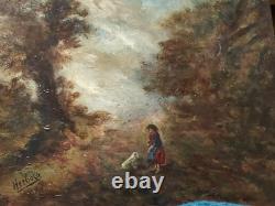 Huile sur panneau scene animés sous bois clair obscur signé Herbold