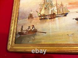 Huile sur panneau, scène de marine ancienne accompagnée de son cadre doré