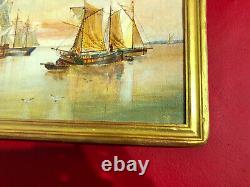 Huile sur panneau, scène de marine ancienne accompagnée de son cadre doré
