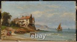 Huile sur panneau, signée A. Gins, Scène d'un village en bord de mer