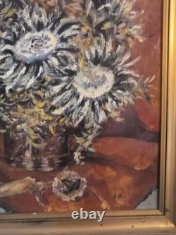 Huile sur toile N BOULIER Nature morte au bouquet de chardons cadre bois doré