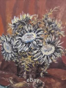 Huile sur toile N BOULIER Nature morte au bouquet de chardons cadre bois doré