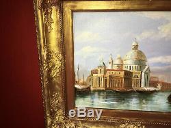 Huile sur toile XIXe Vue de Venise Beau cadre en bois doré