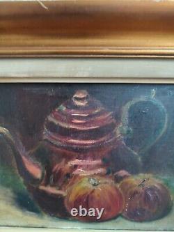Huile sur toile anonyme Nature morte à la théière et pommes cadre bois doré