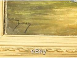 Huile sur toile signé Dorval ferme poules encadrement bois et stuc doré