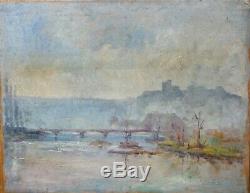 Huile-tableau-impresionniste-paysage-pont-riviere-ville-brume