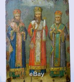 ICONE RUSSE 18è 19è CHRETIENNE HUILE BOIS 3 SAINTS ORTHODOX UKRAINE RUSSIA ICON