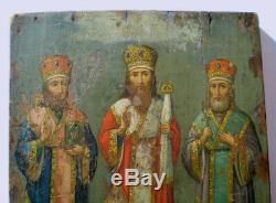 ICONE RUSSE 18è 19è CHRETIENNE HUILE BOIS 3 SAINTS ORTHODOX UKRAINE RUSSIA ICON