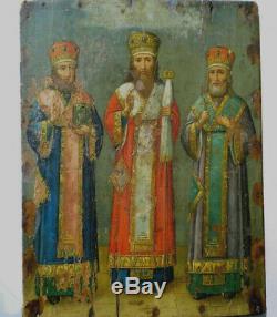 ICONE RUSSE 18è 19è CHRETIENNE HUILE BOIS 3 SAINTS ORTHODOX UKRAINE RUSSIA ICON