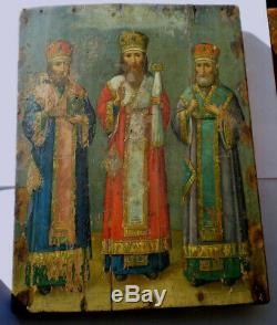 ICONE RUSSE 18è 19è CHRETIENNE HUILE BOIS 3 SAINTS ORTHODOX UKRAINE RUSSIA ICON