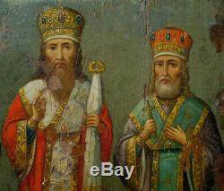 ICONE RUSSE 18è 19è CHRETIENNE HUILE BOIS 3 SAINTS ORTHODOX UKRAINE RUSSIA ICON