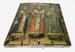 ICONE RUSSE 18è 19è CHRETIENNE HUILE BOIS 3 SAINTS ORTHODOX UKRAINE RUSSIA ICON