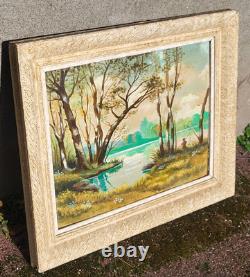 IEHL. Bord de Rivière Animé. Peinture huile sur panneau de bois signé