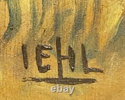 IEHL. Bord de Rivière Animé. Peinture huile sur panneau de bois signé