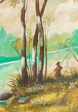 IEHL. Bord de Rivière Animé. Peinture huile sur panneau de bois signé