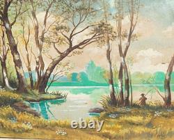 IEHL. Bord de Rivière Animé. Peinture huile sur panneau de bois signé