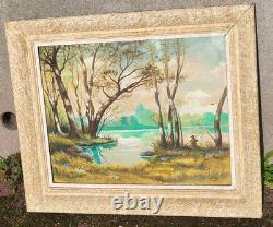 IEHL. Bord de Rivière Animé. Peinture huile sur panneau de bois signé