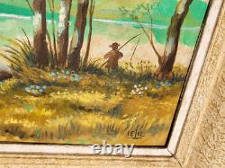 IEHL. Bord de Rivière Animé. Peinture huile sur panneau de bois signé