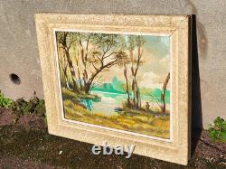 IEHL. Bord de Rivière Animé. Peinture huile sur panneau de bois signé