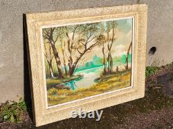 IEHL. Bord de Rivière Animé. Peinture huile sur panneau de bois signé