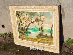 IEHL. Bord de Rivière Animé. Peinture huile sur panneau de bois signé
