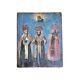 Icône Orthodoxe 3 Saints Fond Bleu Sur Bois Fin Xixe 29,5 Cm
