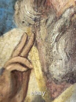 Icône Orthodoxe 3 Saints Fond Bleu sur Bois Fin XIXe 29,5 cm