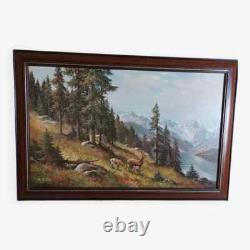 Impression huile sur bois signé motifs cerfs encadré (Réf Hang)