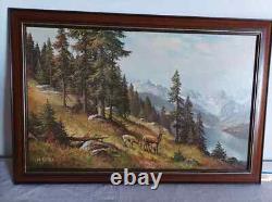Impression huile sur bois signé motifs cerfs encadré (Réf Hang)