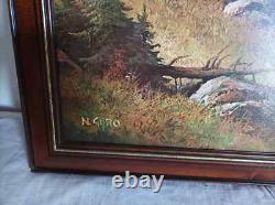 Impression huile sur bois signé motifs cerfs encadré (Réf Hang)