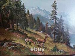 Impression huile sur bois signé motifs cerfs encadré (Réf Hang)