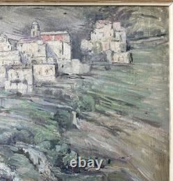 Impressionist Antique Original Oil Painting Mountain Village Nature, Framed Impressionist Antique Original Oil Painting Mountain Village Nature, Framed