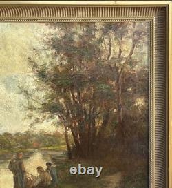 Impressionist Scene with Fisher Landscape Nature Antique Original Oil, Framed