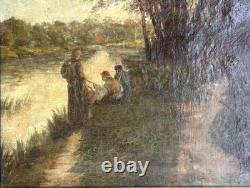 Impressionist Scene with Fisher Landscape Nature Antique Original Oil, Framed
