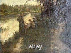 Impressionist Scene with Fisher Landscape Nature Antique Original Oil, Framed