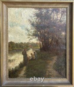 Impressionist Scene with Fisher Landscape Nature Antique Original Oil, Framed